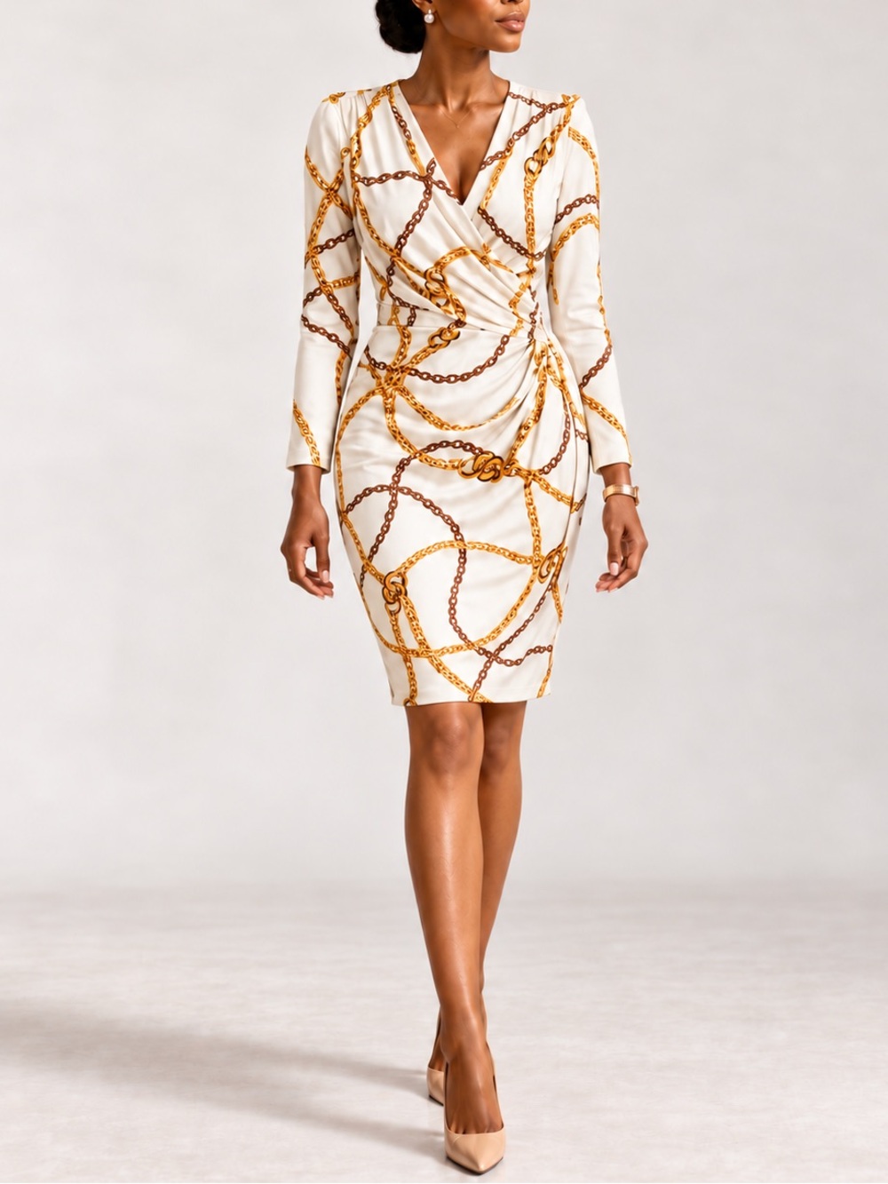 Lauren Ralph Lauren Ivory Gold Chain Print Faux Wrap Dress Size 12